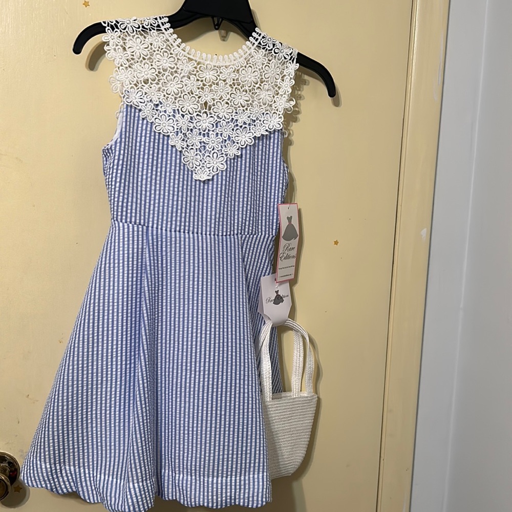 NWT Rare Editions Girls Sleeveless Pinstripe Dress with Crochet Floral Neckline.